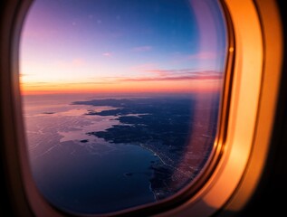 Obraz premium Aerial view from plane window shows sunset over ocean, coastline. Orange sky meets dark sea during dusk flight. City lights glow near shore as passenger travels above clouds at high altitude during