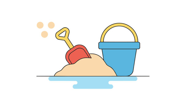 Sandcastle toy set featuring a bright red shovel digging into soft sand next to a classic blue plastic bucket.