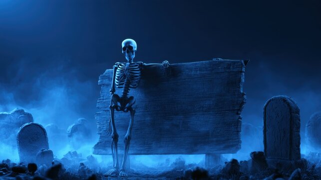 Skeleton holding blank wooden sign standing in eerie blue foggy graveyard with tombstone silhouette nighttime spooky scene