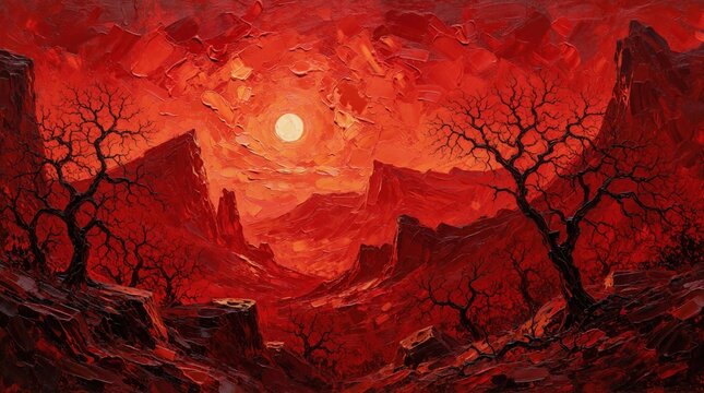 Abstract red oil painting shows dramatic landscape with dark leafless trees. Bright sun shines over rocky mountains, canyon valley. Thick impasto texture creates intense energy, emotion in crimson