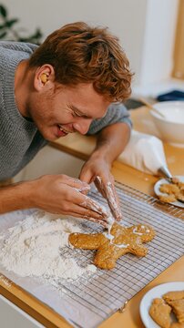 Gingerbread man being decorated with white icing by a young man in a natural kitchen scene for baking and holiday recipes