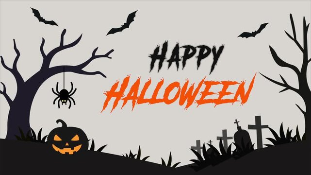 Happy Halloween revealing text animation video background with jack o lantern, graveyard, spider, and bats loop