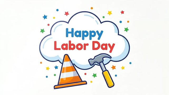 Happy Labor Day Celebration Graphic with Construction Tools and Stars