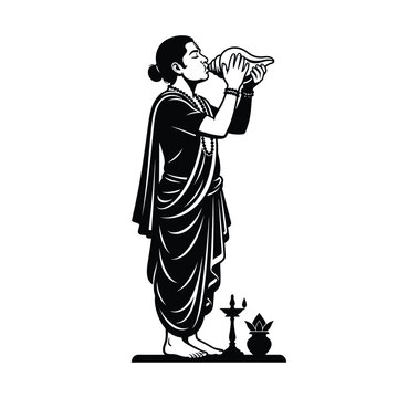 Hindu priest blowing a conch shell, standing beside a diya lamp and kalash