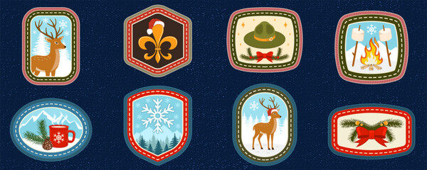 Set of Christmas Scout Merit Badges Collection with Camping, Wildlife, Snowflake and Holiday Outdoor Adventure Patches. Vector Scout Merit patch. © sivvector