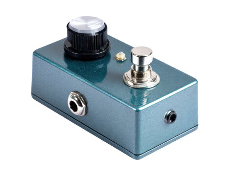 A single, small, teal-colored metallic guitar effects pedal featuring a silver knob and a silver footswitch, isolated on white