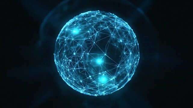 Glowing Blue Digital Sphere Network Rotating in Dark Space