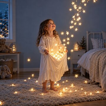 Child catching glowing star shaped lamps in a nightdress, wondrous holiday mood in a bedroom with copy space for family content