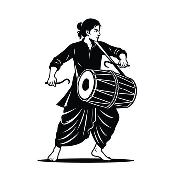 Indian man playing dhol drum, traditional folk musician