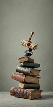 Tower of mismatched worn ledgers and vintage stationery balanced precariously on a pale grey-green background with copy space for publishing content