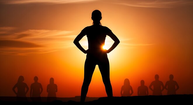 A creatively reimagined version of silhouette of a woman standing strong with hands on hips against orange sunset, subtle shadowy figures behind, symbolic of empowerment and resilience, emphasizing st