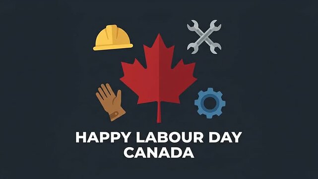 Animated Labour Day Greeting Featuring Industrial Icons and Maple Leaf