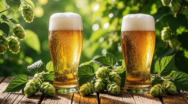Two glasses of cold lager beer with thick white foam stand on rustic wooden table. Fresh green hop cones, leaves surround pints in sunny garden. Refreshing alcoholic drink served outdoors in summer