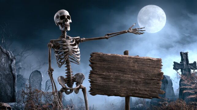 Spooky skeleton pointing toward full moon with wooden sign in eerie graveyard under dark cloudy night sky