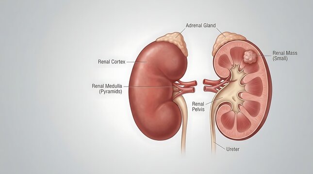 Anatomical kidney diagram showing small renal cancer mass