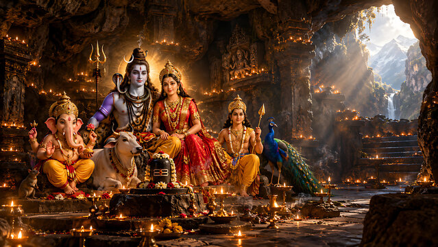 Ganesh Ganpati Family &ndash; Gauri Mata, Mahadev, Parvati Mata, Kartikeya, Nandi, Mushak & Peacock Together in One Divine Frame