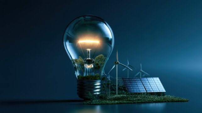 Conceptual glowing light bulb with miniature green landscape including grass, solar panel, and wind turbine on reflective surface in dark environment