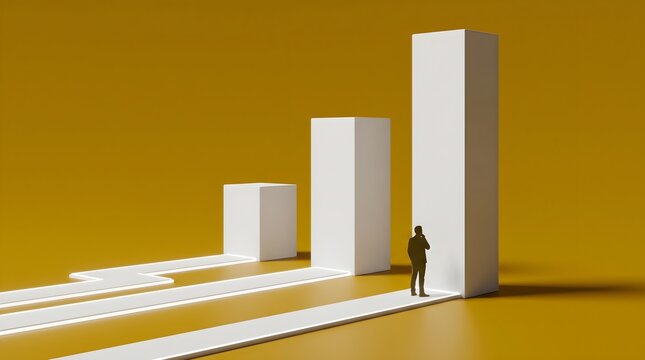 Businessman observing rising bar charts on a path of growth and progress.