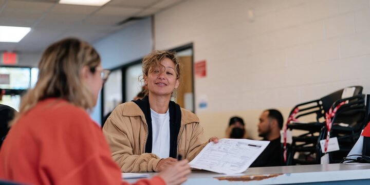 Tribal government counter where a staff member assists a resident with a printed form in a plain office, for community services and administration