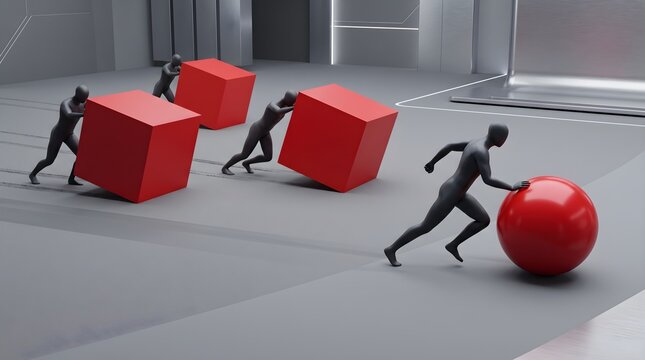 Effortless innovation showing person rolling red sphere fast.