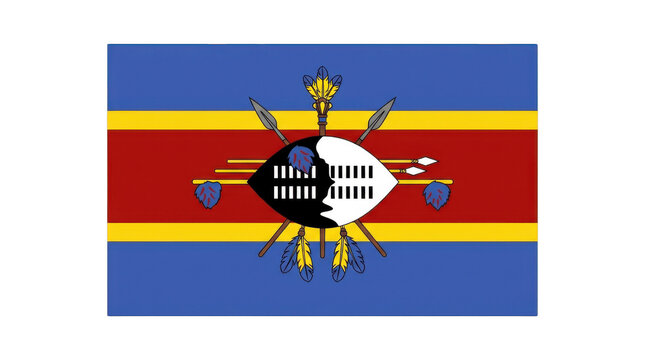 Eswatini national flag with blue, yellow, red stripes, shield, spears, and staff, high-resolution country symbol PNG image for maps and travel graphics

