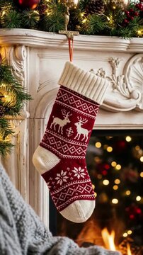 Close up of a red knitted Christmas stocking hanging on a fireplace mantel with warm lights