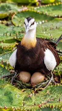 Close up of a pheasant-tailed jacana incubating two eggs on a nest built on water lily leaf