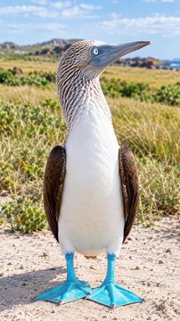 Full shot of a blue-footed booby standing on sandy ground and looking up at the sky
