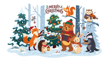 Fototapeta premium Cute Woodland Animals Celebrate Christmas in Snowy Forest
