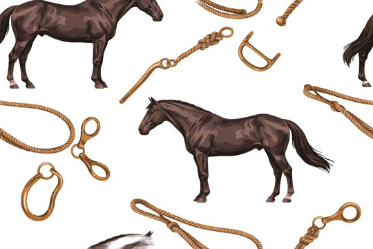 Seamless pattern featuring dark brown horses and equestrian rope gear accessories on a white background, isolated on a, transparent background