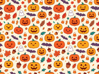 Obraz premium Fall harvest pumpkins and autumn leaves scattered with candy corn creates vibrant halloween seamless wallpaper.