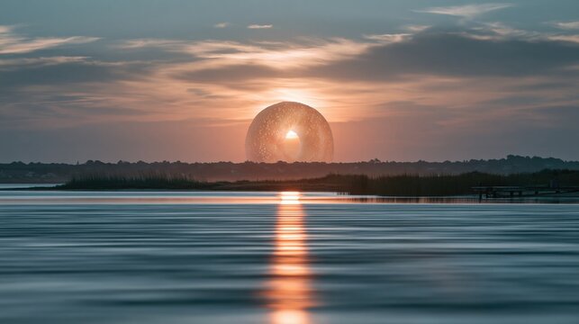 Giant sesame bagel rising like a sun over a calm lake, glowing golden-brown in a surreal dawn landscape with copy space for bakery ads