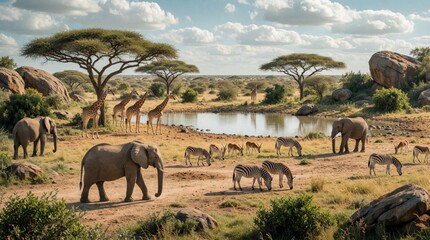 Fototapeta premium African savanna landscape with elephants giraffes zebras and gazelles near watering hole. Diverse wildlife animals gather in natural habitat under cloudy sky.