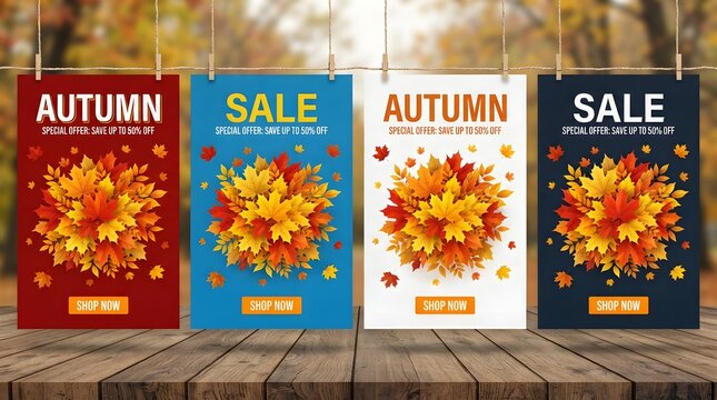 Four hanging vertical autumn sale posters in different colors with fall leaf arrangements, displayed on a wooden surface with a blurred forest background