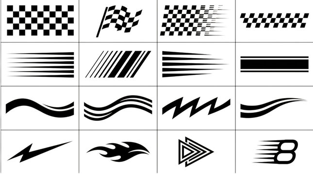 Set of black and white racing and speed design elements, including checkered flags, motion lines, flames, and abstract shapes for sports branding isolated on transparent background