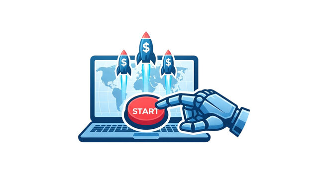 Robotic hand pressing a start button on a laptop with dollar sign rockets launching, representing automated financial growth and startup success isolated on transparent background