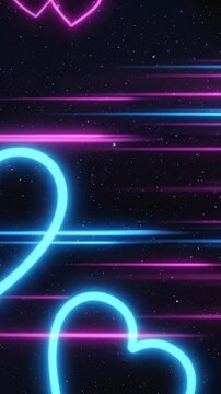 Glowing Neon Hearts Floating Through Horizontal Light Speed Trails