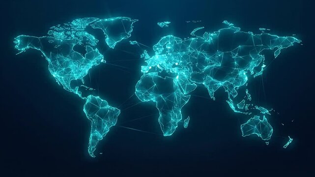 Digital world map with glowing nodes representing global network connectivity