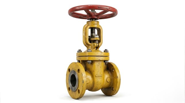 Industrial yellow gate valve with a red wheel isolated on a white background.