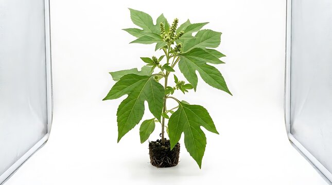 A healthy ambrosia trifida plant with distinct lobed leaves and roots isolated on a white background