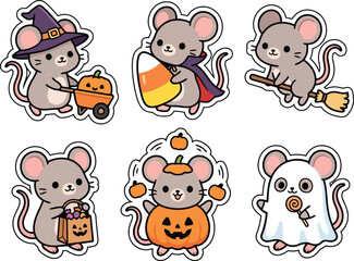 Fototapeta premium Cute mouse halloween sticker collection with pumpkin witch cape and ghost costumes for festive craft design.