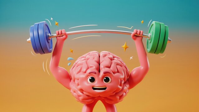 Mental strength concept with strong brain character lifting heavy barbell. Powerful brain muscle training for cognitive health and intelligence.