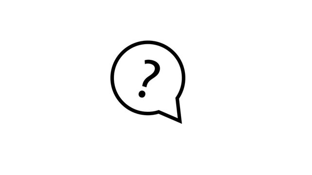 Minimalist black line animation forming question mark speech bubble on white background.