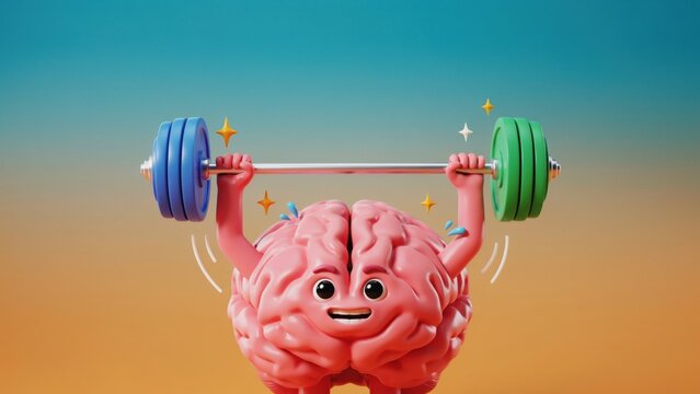 Mental strength concept with cute brain character lifting weights. Brain health and cognitive training illustration. Strong mind and intelligence.