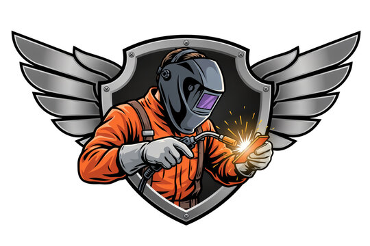 Welder wearing protective helmet and orange uniform with metal wings and shield emblem for industrial isolated on a transparent background