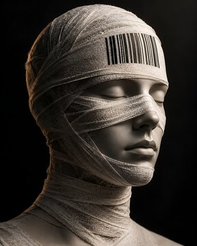 Conceptual portrait of a human head wrapped in bandages with a barcode