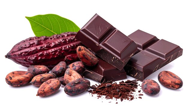 Dark chocolate bar pieces with fresh cocoa pod, raw beans, grated shavings, and green leaf isolated on white background