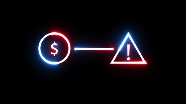 Neon dollar sign and alert triangle icon animation financial risk warning motion graphic.