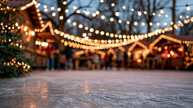 Christmas market with an illuminated outdoor ice rink glowing under strings of warm lights, festive holiday fair atmosphere, defocused wooden stalls in the background, winter enter