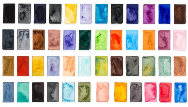 Collection of colorful rectangular watercolor swatches, paint texture blocks, isolated palette grid elements isolated on white background.